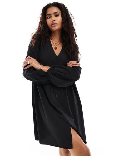 Monki Button Through Mini Dress With Puff Sleeves - Black
