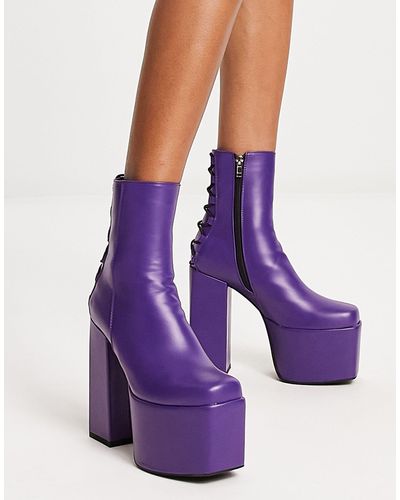 LAMODA Double Platform Heeled Ankle Boots With Lace Detail - Purple