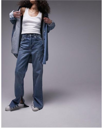 TOPSHOP High Rise Straight Kort Jeans With Spilt - Blue
