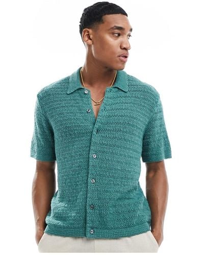 Abercrombie & Fitch Crochet Knit Short Sleeve Polo Shirt - Blue