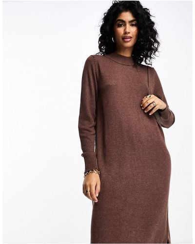 Vila High Neck Knitted Midi Sweater Dress - Brown