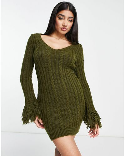 Miss Selfridge Cable Knit Fringe Mini Dress - Green