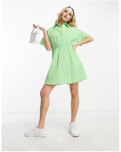 ASOS Cut Out Back Shirt Mini Dress With Seersucker Green And Yellow Check-multi