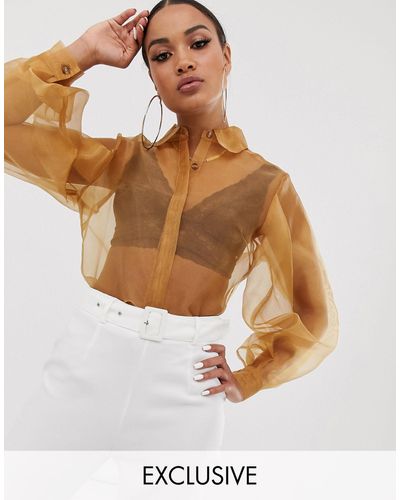 UNIQUE21 Organza Shirt With Balloon Sleeves - Brown