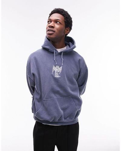 TOPMAN Oversized Hoodie With Angel Embroidery - Blue