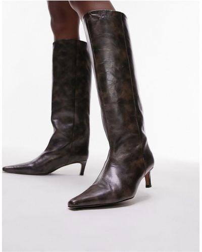 TOPSHOP Tara Premium Leather Knee High Heeled Boots - Black