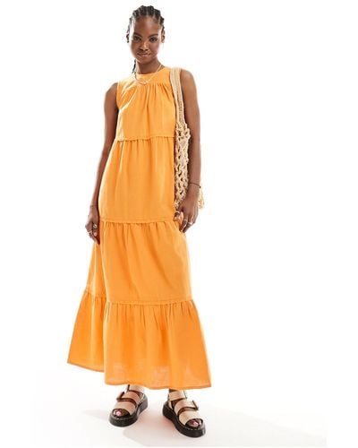 Native Youth Lace Detail Linen Mix Midaxi Dress - Orange