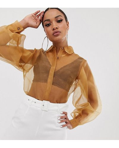 UNIQUE21 Organza Shirt With Balloon Sleeves - Brown