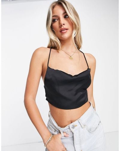 Pull&Bear Open Back Satin Cropped Top - Black