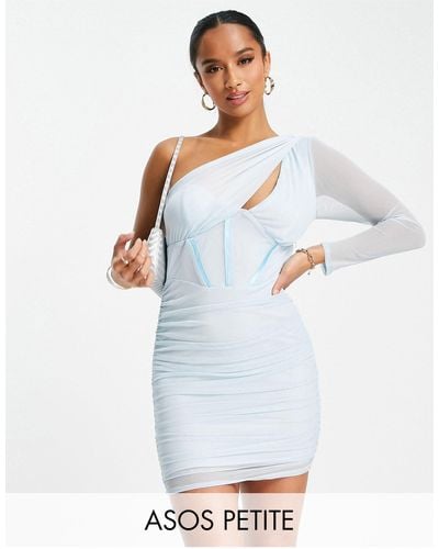 ASOS Asos Design Petite One Shoulder Corset Drape Mesh Mini Dress - Blue
