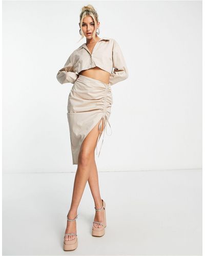 Public Desire Ruched Thigh Split Midi Skirt Co-ord - White
