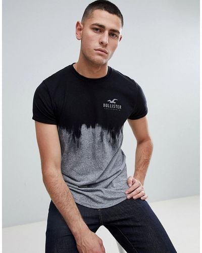 Hollister Ombre Wash Front And Back Logo Print T-shirt Curved Hem In Black To Grey