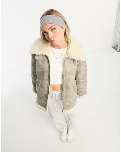 Monki Distressed Faux Leather And Shearing Aviator Jacket - Natural