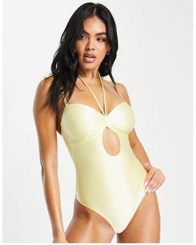 ASOS Tie Front Cut Out Swimsuit - Yellow