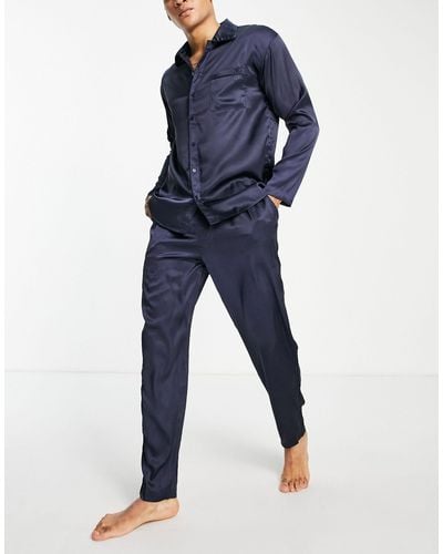River Island Sateen Shirt & Trackies Pyjama Set - Blue