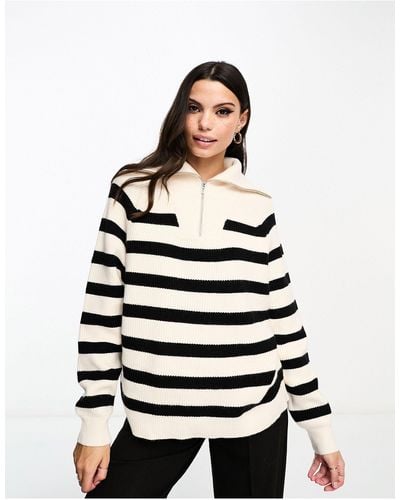 Miss Selfridge Stripe Knit Half Zip Sweater - White