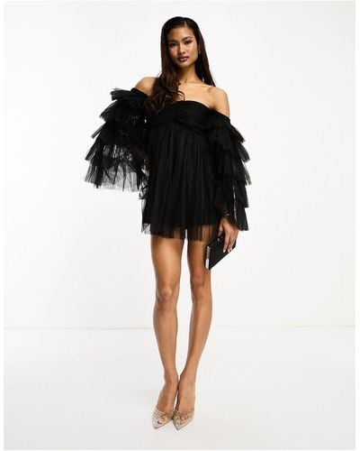 LACE & BEADS Tiered Tulle Sleeve Mini Dress - Black