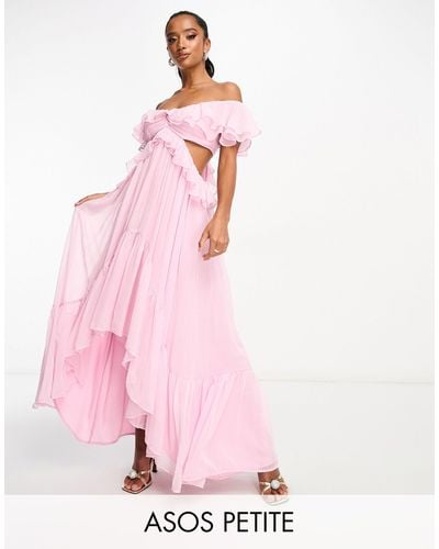 ASOS Asos Design Petite Ruffle Cut Out Off The Shoulder Maxi Dress With Hi Low Hem - Pink