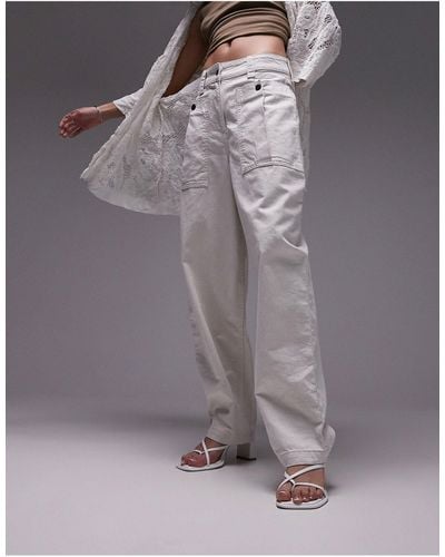 TOPSHOP Balloon Tapered Pocket Cotton & Linen Cargo Pants - Gray