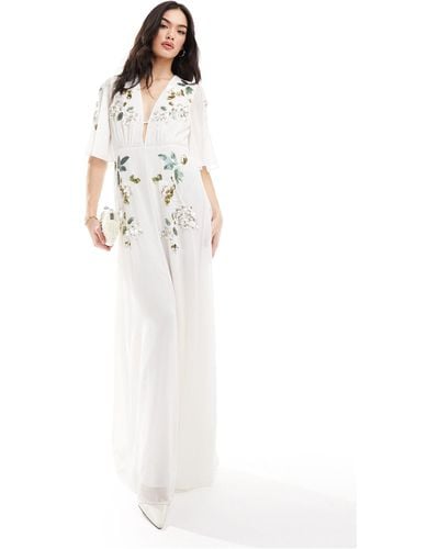 Hope & Ivy Bridal Flutter Sleeve Embroidered Floral Maxi Dress - White