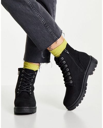 New Look Suedette Zip Detail Lace Up Flat Boot - Black