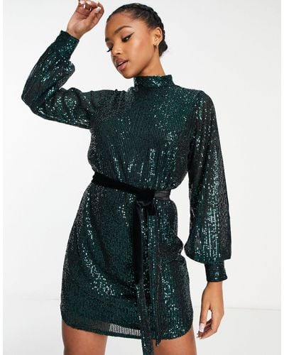 Style Cheat High Neck Sequin Mini Dress - Green