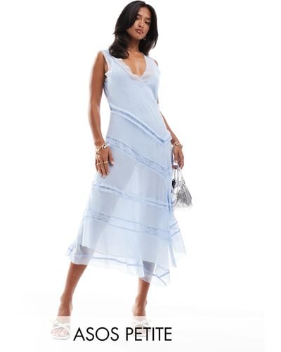 ASOS Asos Design Petite Lace Insert Dress With Hi Low Hem - Blue