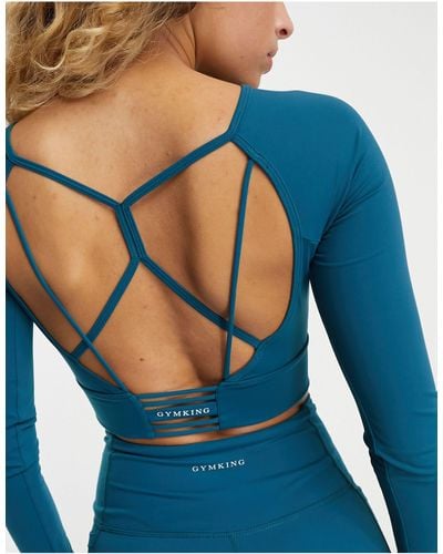 Gym King Dominate Strappy Open Back Cropped Long Sleeve Top - Blue