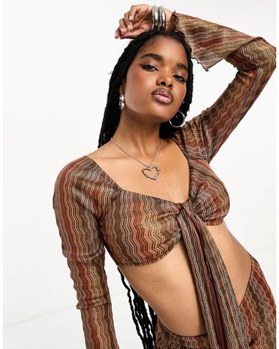 ASOS Co-ord Zigzag Stitch Crop Top With Tie Front - Brown