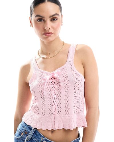 Miss Selfridge Crochet Contrast Satin Lace Up Bow Cami - Pink