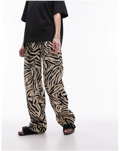 TOPSHOP Zebra Printed Wide Leg Linen Trouser - Black