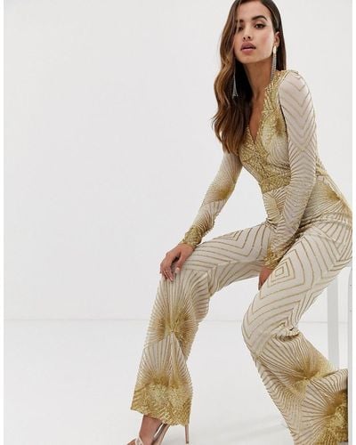 Goddiva Plunge Front Sequin Jumpsuit With Flared Leg - Metallic