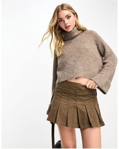 Vero Moda Fluffy High Neck Sweater With Turn Up Sleeves - Brown