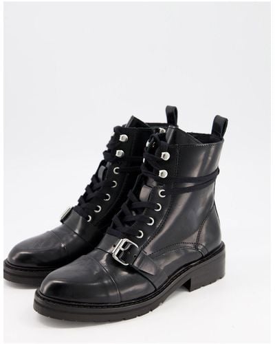 AllSaints Donita Leather Lace Up Hiking Boot With Buckle - Black