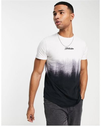 Hollister T-shirt grigia e bianca con fondo arrotondato e logo sfumato - Bianco