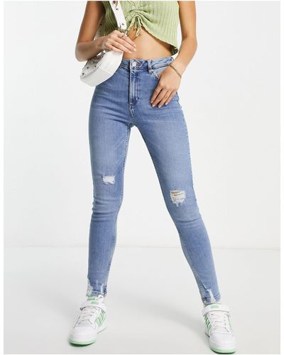 Miss Selfridge Lizzie - Skinny Jeans Met Hoge Taille En Gescheurde Zoom - Blauw