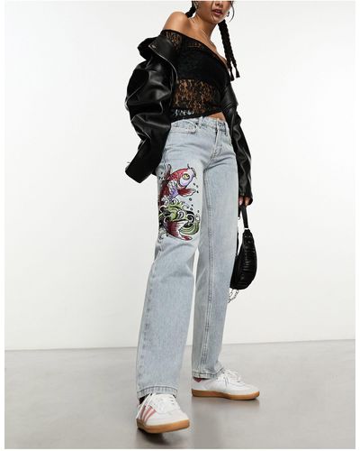 Ed Hardy Low Rise Straight Leg Jeans With Koi Embroidery - White