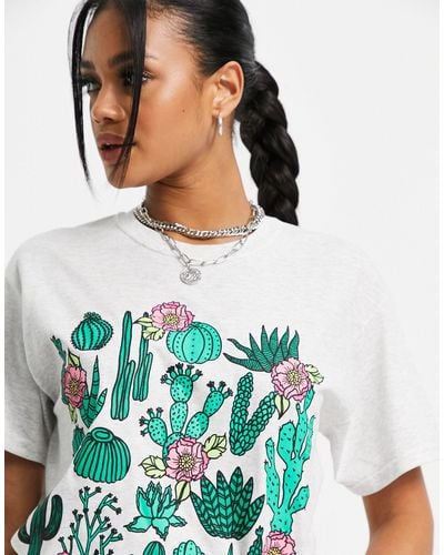 New Love Club Oversized T-shirt Met Grafische Cactusprint - Grijs