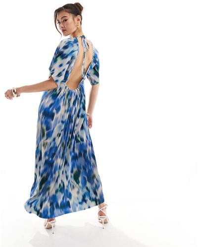 ASOS Angel Sleeve Plisse Maxi Dress With Trapeze Hem - Blue