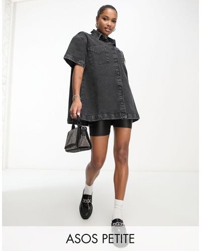 ASOS Asos Design Petite Denim Short Sleeve Longline Shirt - Black
