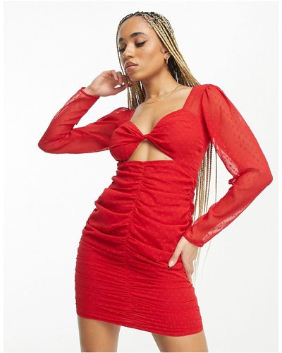 ASOS Dobby Mesh Ruched Mini Dress - Red
