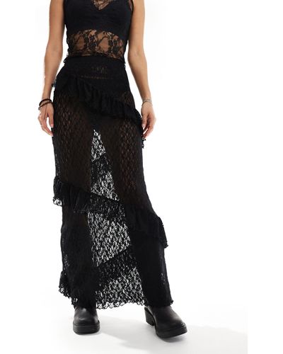 Monki Maxi Lace Ruffle Skirt - Black