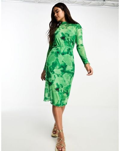 Vero Moda Printed Mesh Midi Dress - Green