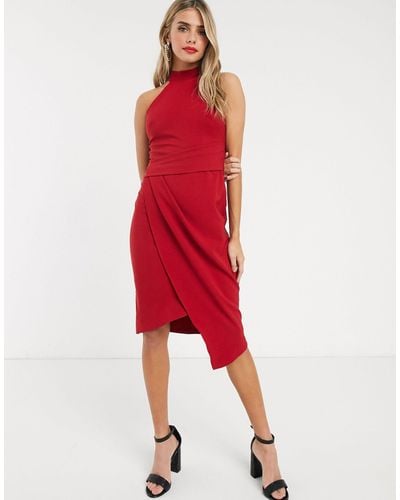 Lipsy Halterneck Asymmetric Pencil Dress - Red