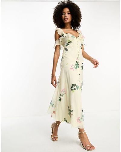 ASOS Flutter Sleeve Ruffle Midaxi Dress With Button Detail - Natural