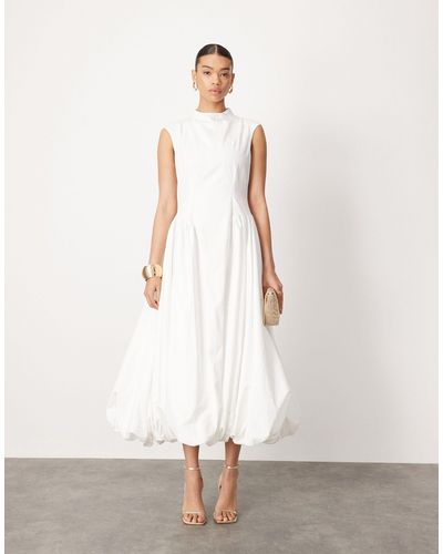ASOS High Neck Drop Hem Bubble Midi Dress - White