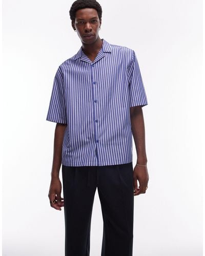 TOPMAN Short Sleeve Boxy Stripe Shirt - Blue