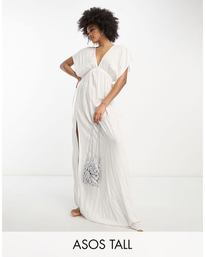 ASOS Asos Design Tall Flutter Sleeve Maxi Beach Dress With Channeled Tie Waist - White