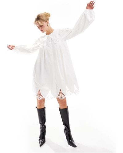 Urban Revivo Lace Insert Collar Detail Mini Smock Dress - White