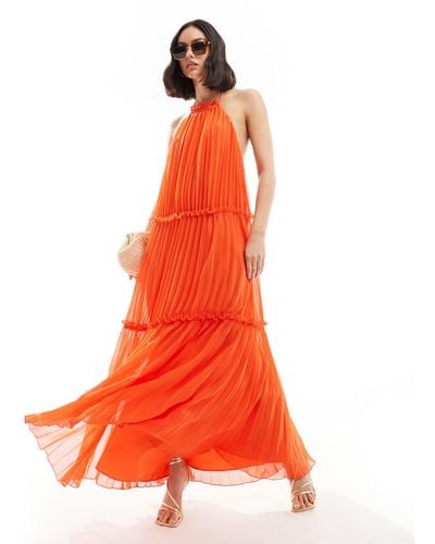 ASOS Halter Neck Pleat Frill Maxi Dress - Orange